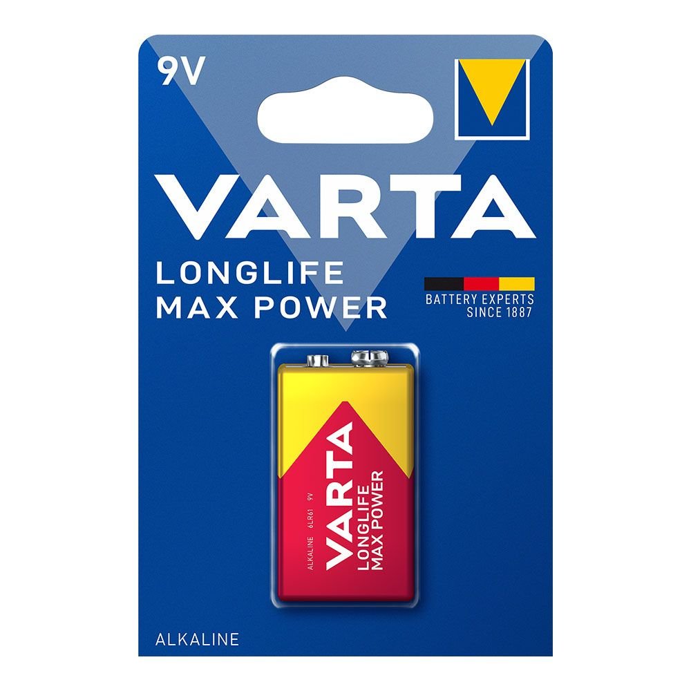 PILHA VARTA LONG LIFE MAX POWER 9V - 6LR61 (BLÍSTER 1 unid.) 26,5x17,5x48,5mm