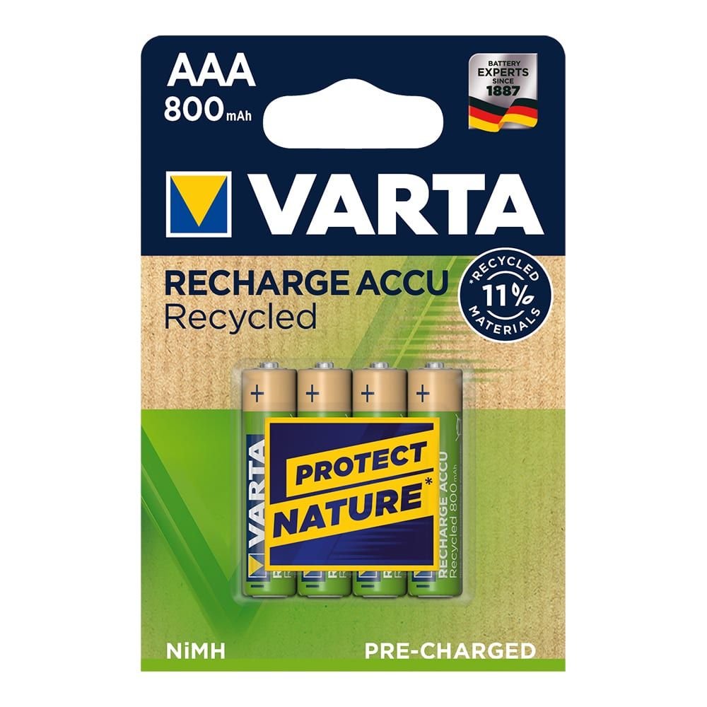 PILHA VARTA RECARREGÁVEL ACCU AAA - HR03 800mA RECYCLED (BLÍSTER 4 unid.) Ø10,5x44,5mm