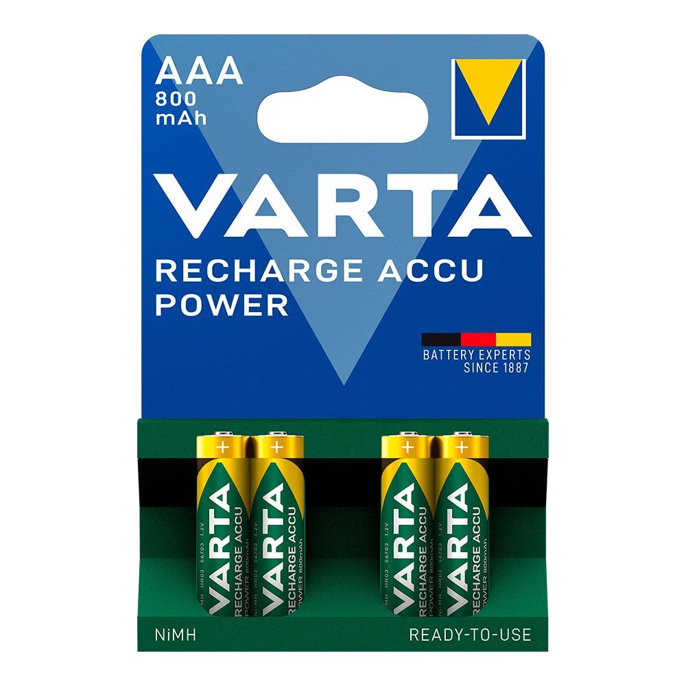 PILHA VARTA RECARREGÁVEL ACCU POWER AAA - HR03 800mA (BLÍSTER 4 unid.) Ø10,5x44,5mm