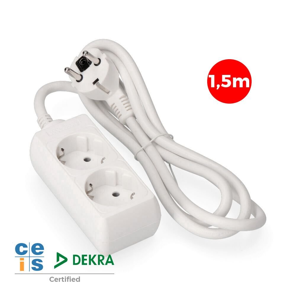 BASE MÚLTIPLA, 2 BASES SCHUKO 2P+E, CABO DE 1,5 m H05VV-F 3G1,5 mm² 16A 250V~ 3680 W, BRANCA