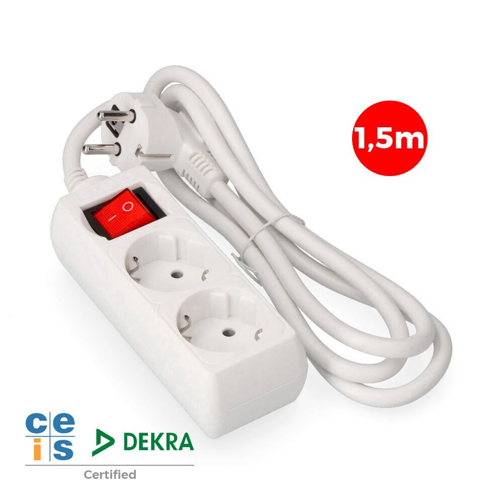 BASE MÚLTIPLA DE 2 SAÍDAS 2P+E COM INTERRUPTOR ILUMINADO, 16 A 250 V~ CABO DE 1,5 m H05VV-F 3G1,5 mm² BRANCA