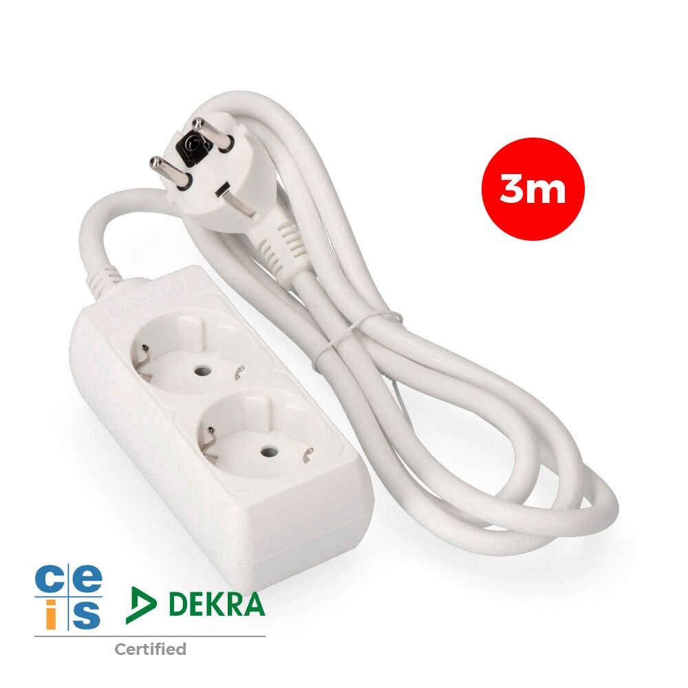 BASE MÚLTIPLA, 2 BASES SCHUKO 2P+E, CABO DE 3 m H05VV-F 3G1,5 mm² 16A 250V~ 3680 W, BRANCA
