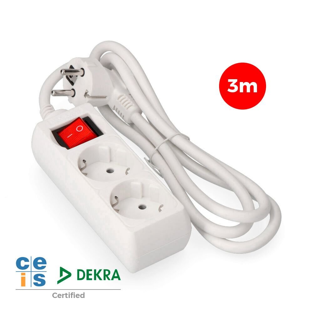 BASE MÚLTIPLA DE 2 SAÍDAS 2P+E COM INTERRUPTOR ILUMINADO, 3M DE CABO H05VV-F 3G1,5 mm², BRANCA