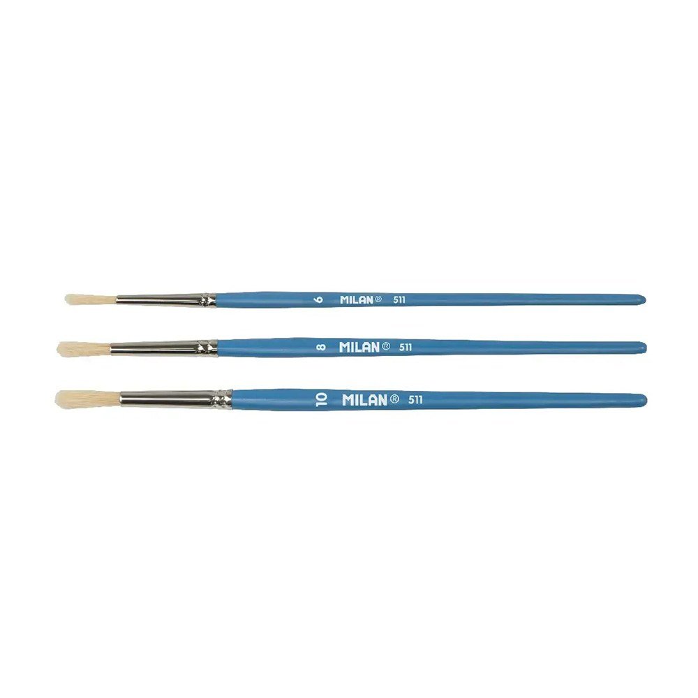 BLÍSTER COM 3 PINCÉIS ESCOLARES PARA COLA E TEMPERA SERIE 511 N°6, 8 E 10 MILAN