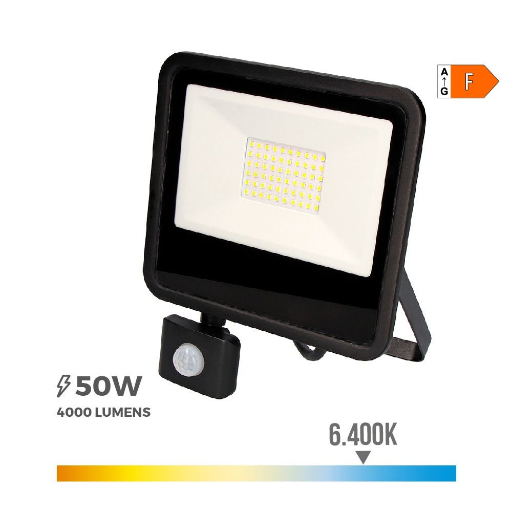 FOCO PROJETOR LED COM SENSOR DE PRESENÇA 50 W 4000 lm 6400 K. LUZ FRIA. 23,8 x 4,5 x 19,2 cm