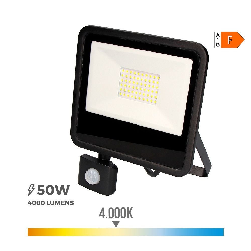 FOCO PROJETOR LED COM SENSOR DE PRESENÇA 50 W 4000 lm 4000 K. LUZ DIURNA. 23,8 x 4,5 x 19,2 cm